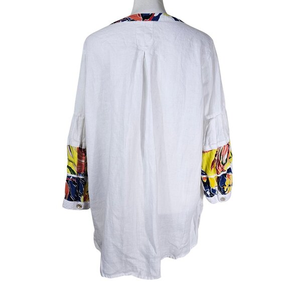 John Mark White Popover Linen Tunic 1X V-neck Blouson Sleeve Tropical Floral - Picture 2 of 12